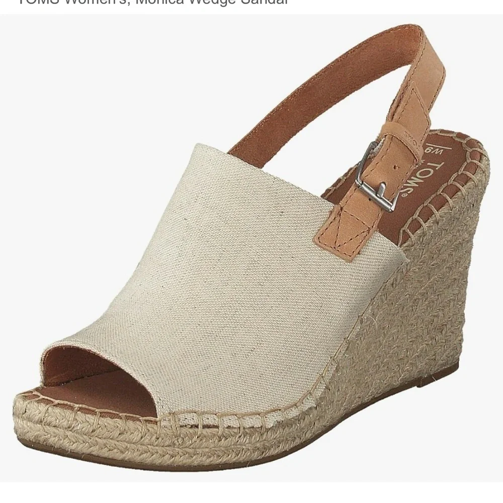 TOM’s Monica wedge Slingback open‎ toe canvas espadrille sandals shoes Sz 10